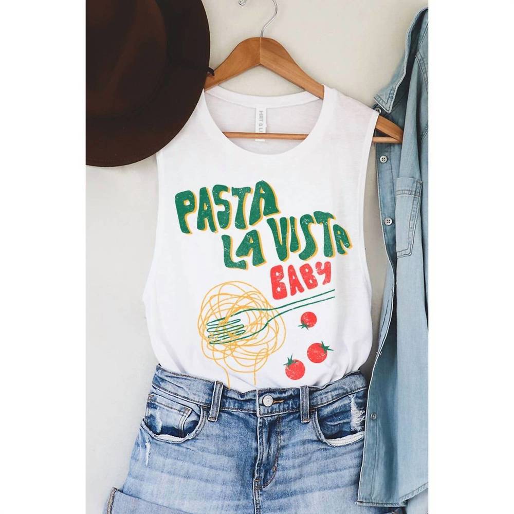 NEW HRT & LUV women's pasta la vista baby tank top in white